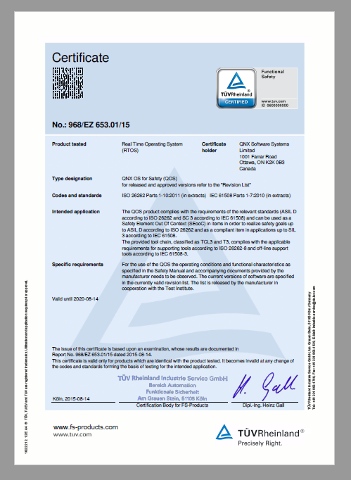 ISO 26262 Automotive Safety Integrity Level (ASIL) D certificate
