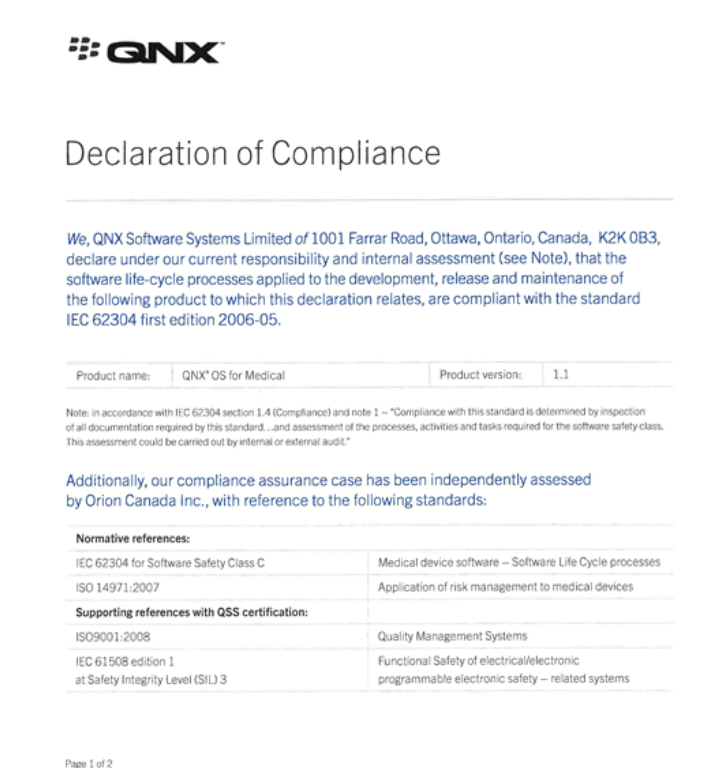 QNX OS for Medical compliance