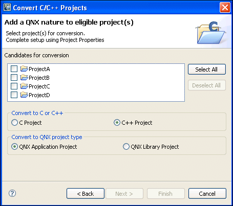 Convert to QNX project wizard