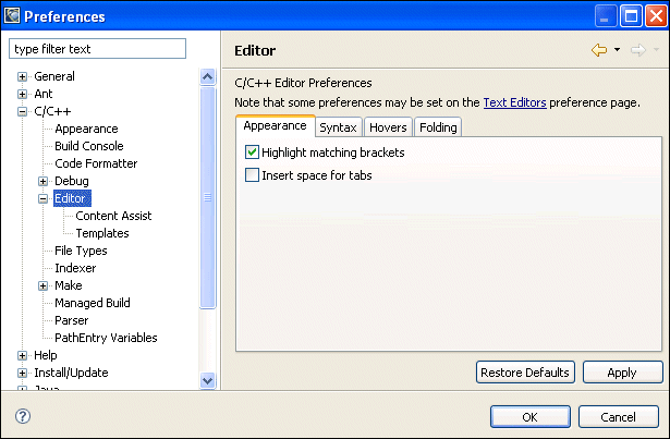 C/C++ editor; preferences