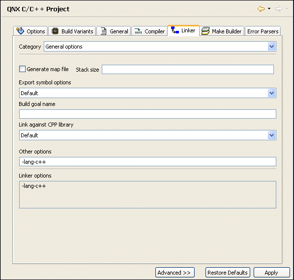 Linker tab, Project properties